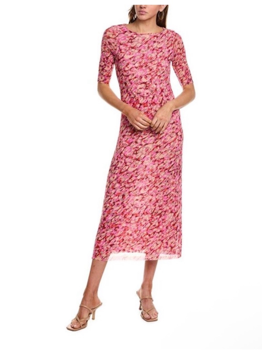 Johnny Was Jade Mesh Midi Dress Pink Floral Stretch Sheer Overlay Size Small - Picture 2 of 8